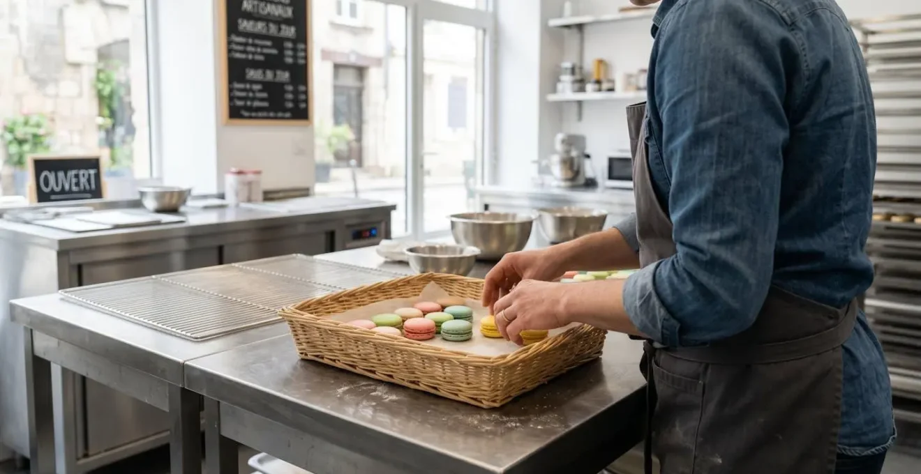 Mains d'un pâtissier professionnel disposant avec soin des macarons colorés dans une corbeille en osier naturel sur un plan de travail en inox épuré