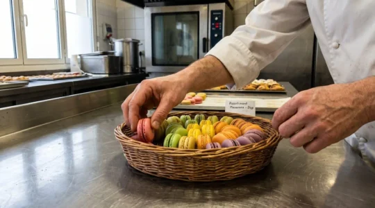 Mains d'un pâtissier professionnel disposant avec soin des macarons colorés dans une corbeille en osier naturel sur un plan de travail en inox épuré