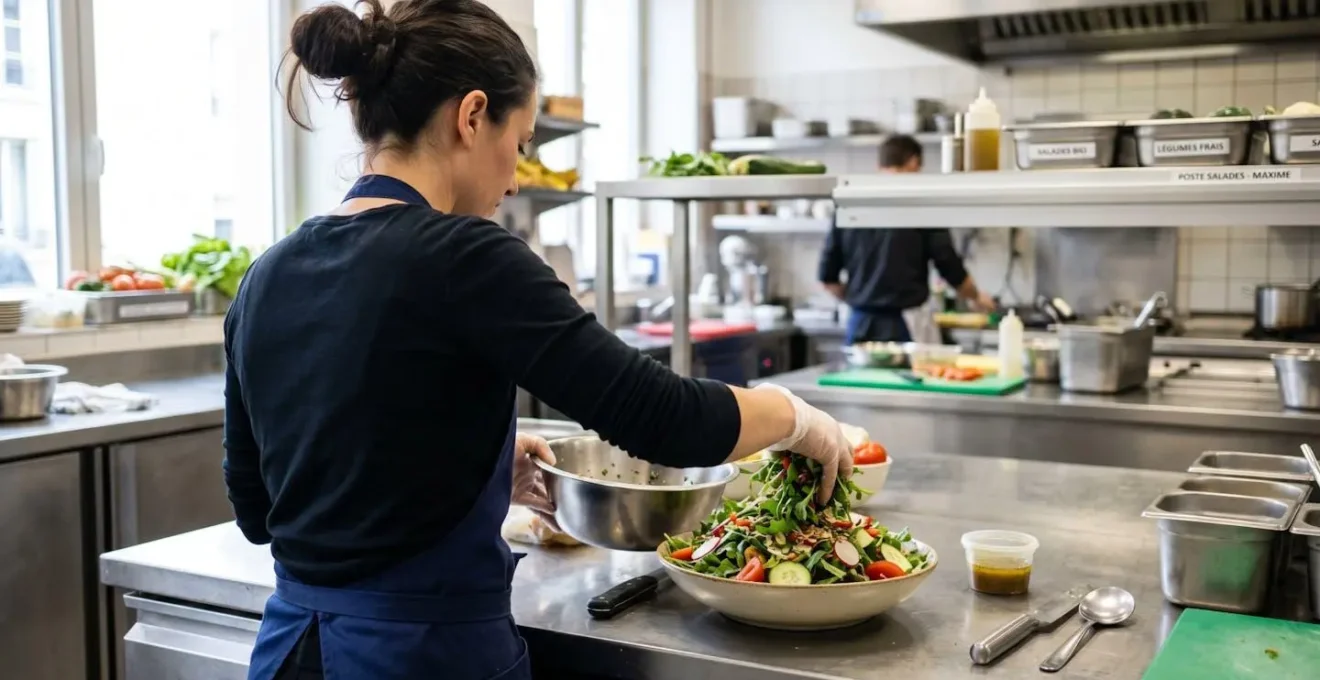 Professionnel de la restauration vu de dos manipulant un bol à salade pour le remplir, geste naturel de travail dans une cuisine professionnelle moderne en France