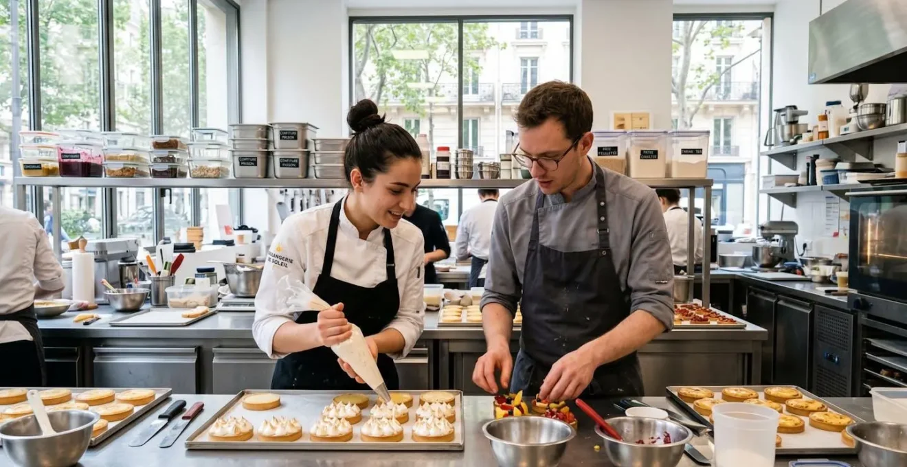 Deux professionnels en tenue de pâtisserie discutent dans un atelier moderne lumineux, avec des contenants réutilisables visibles sur le plan de travail en arrière-plan