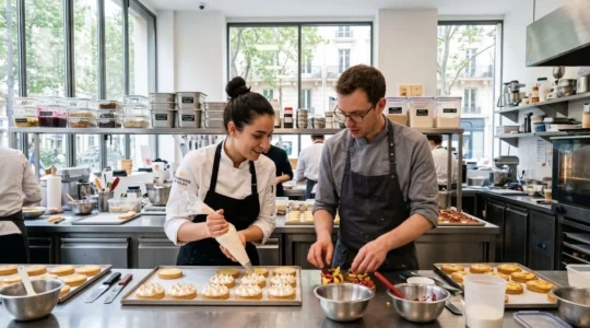 Deux professionnels en tenue de pâtisserie discutent dans un atelier moderne lumineux, avec des contenants réutilisables visibles sur le plan de travail en arrière-plan