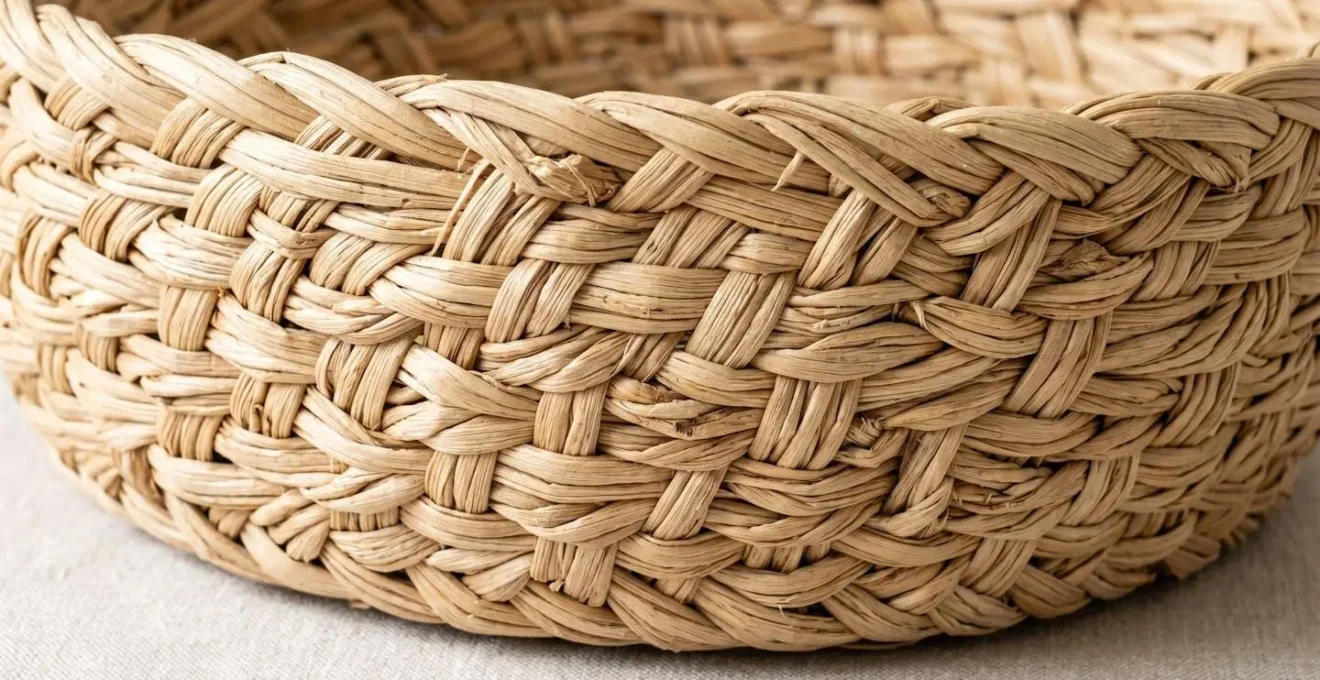 Gros plan macro sur le tressage d'une corbeille en osier naturel montrant la texture des fibres végétales entrelacées, profondeur de champ réduite, arrière-plan flouté