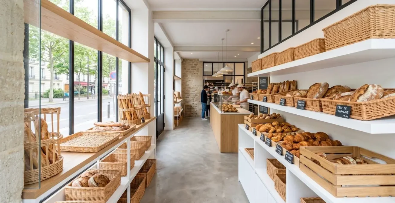 Vitrine d'une pâtisserie artisanale contemporaine avec corbeilles en osier et bois disposées sur étagères blanches, lumière naturelle abondante, intérieur épuré