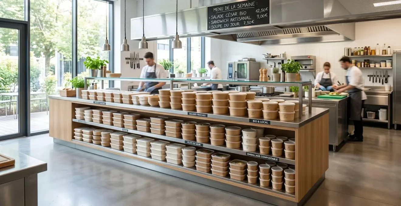 Vue d'ensemble d'un comptoir de traiteur contemporain avec des étagères organisées présentant des piles de contenants écologiques de diverses tailles en teintes naturelles kraft et blanc cassé, baignées de lumière naturelle